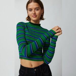 URBAN OUTFITTERS Angelo Mock Neck Green Stripe Cropped Long Sleeve Knit Sweater